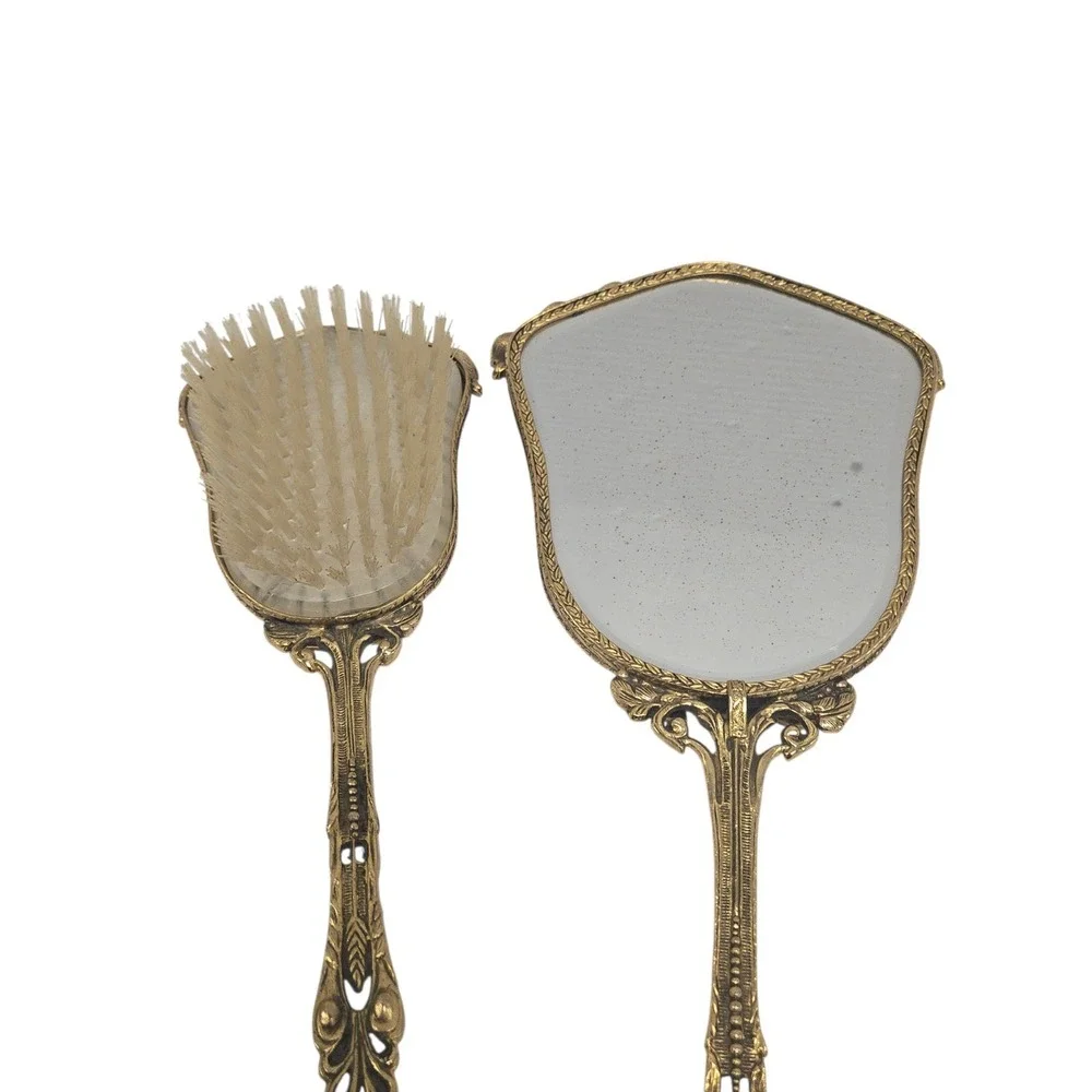 Antique 24kt Gold-Plated‎ Vanity Dresser Set with Hand Mirror and Brush